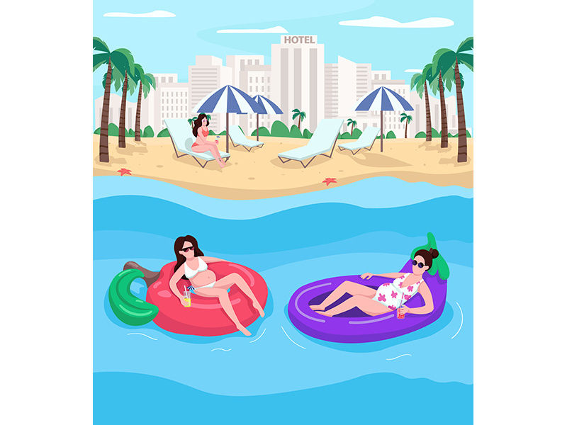 Pregnant women resting at beach flat color vector illustration