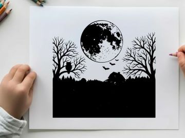 Silhouette of a spooky halloween night with full moon and bats flying preview picture