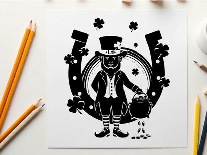 St patrick's day leprechaun silhouette with horseshoe and shamrocks