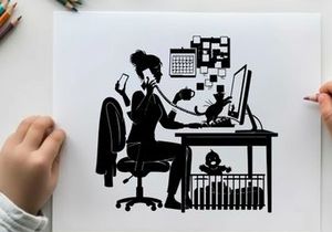 Silhouette of woman working at desk with cat and baby
