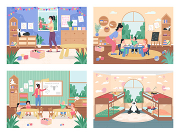 Kindergarten daily routine flat color vector illustration set preview picture