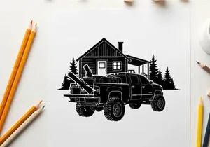 Silhouette of a pickup truck in front of a house with trees