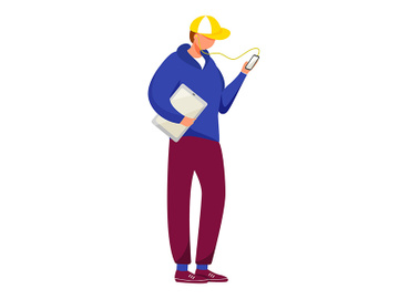 Young man with smartphone and tablet flat vector illustration preview picture