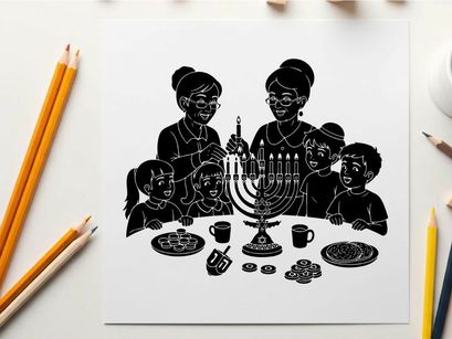 Happy family celebrating hanukkah with traditional foods and menorah silhouette