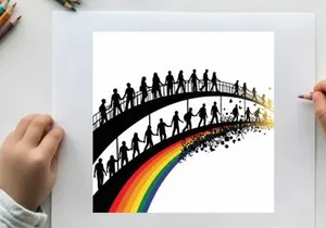 Silhouette of people walking on bridge over rainbow silhouette