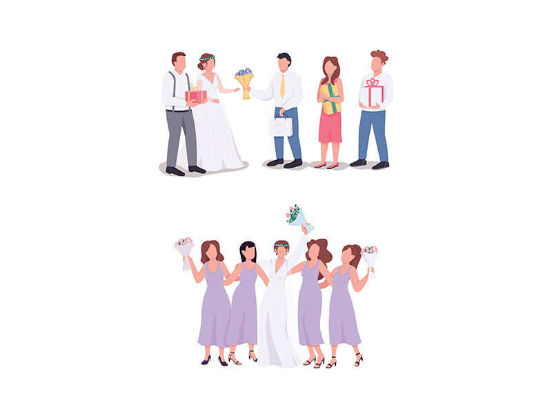 Bride and groom with guests flat color vector faceless character set