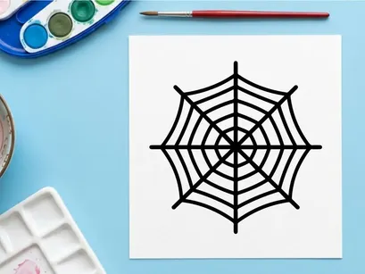 Desain jaring laba-laba geometris untuk dekorasi Halloween. Ilustrasi vektor hitam putih dengan pola araknida rumit.