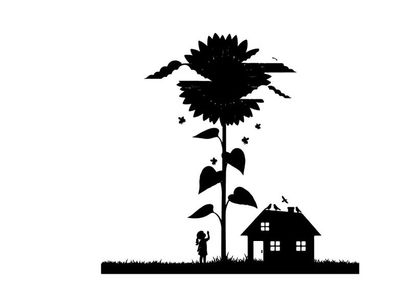 Silhouette of a person standing next to a giant sunflower and house