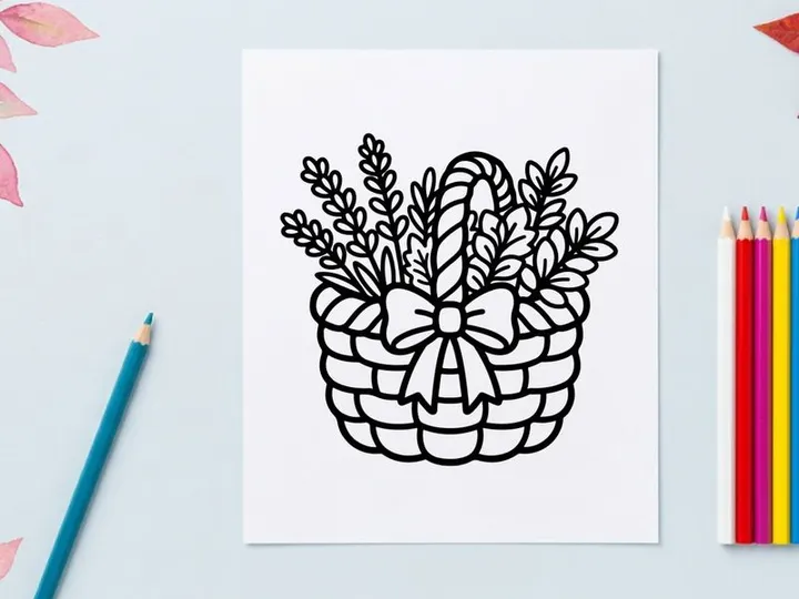 Wicker basket with flowers and bow. Hand drawn line art illustration of a floral gift.