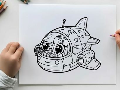 Cute robot spaceship flying in space vector illustration