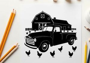 Silhouette of a vintage truck and chickens in front of a rustic barn