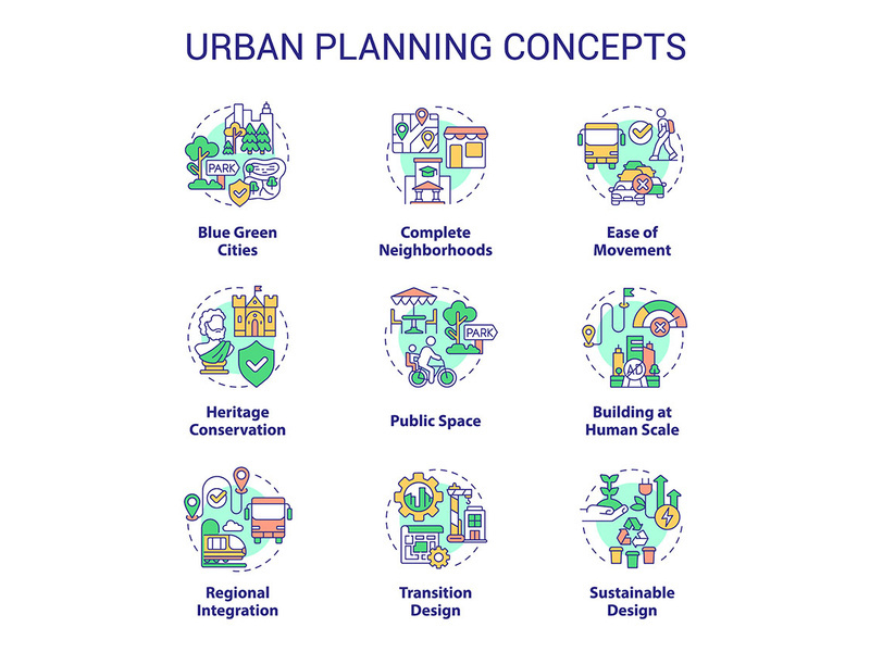 Urban planning concept icons set