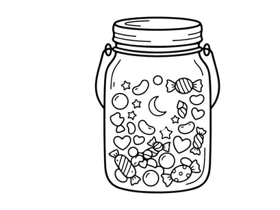 Hand-drawn jar filled with colorful moon and star shapes. Whimsical celestial-themed container illustration for creative projects.