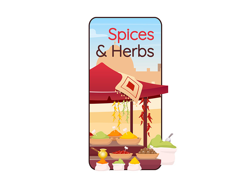 Exotic spices and herbs cartoon smartphone vector app screen