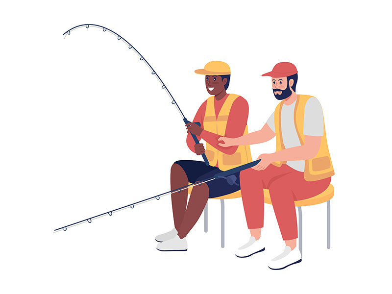 Men fishing together semi flat color vector character