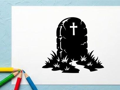 Silhouette of a tombstone with a cross and grass in black and white