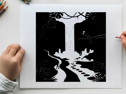 Silhouette of a person approaching a waterfall in a mystical forest