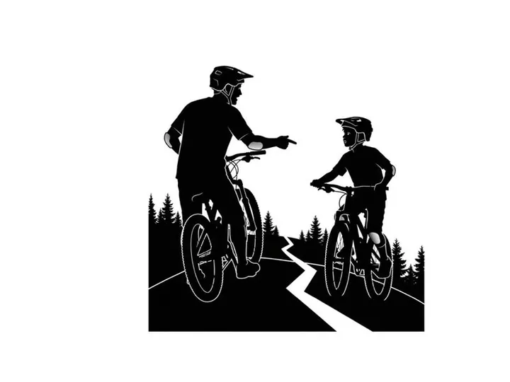 Cyclists on a forest road in silhouette