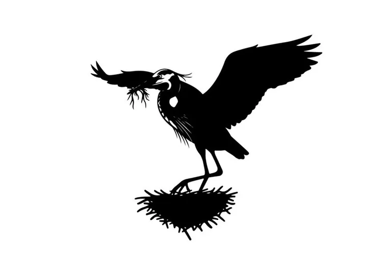 Silhouette of a bird building nest with twigs and branches
