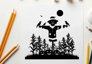 Scarecrow silhouette standing amidst corn and jack o lanterns at night