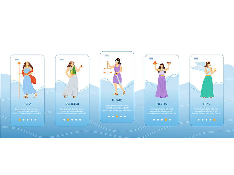 Greek goddesses onboarding mobile app screen vector template