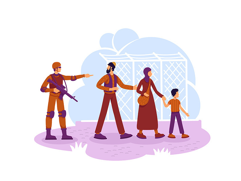 Refugees and guard 2D vector web banner, poster