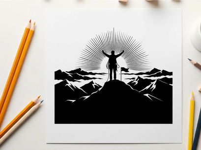 Silhouette of a man standing on a mountain peak silhouette