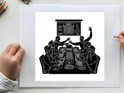 Silhouette of people gathered around a table with a menu board