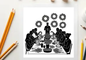 Black silhouette illustration of a large family gathered for a holiday meal