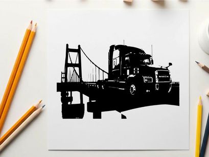 Silhouette of a semi truck driving across a suspension bridge