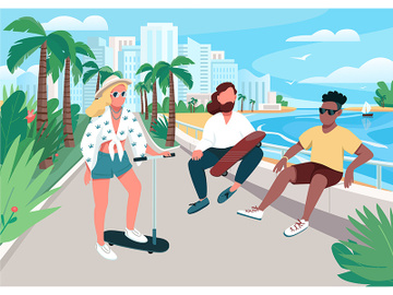 Young men and woman summer activity flat color vector illustration preview picture