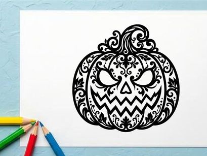 Ilustrasi Labu Tengkorak Halloween dengan Desain Wajah Seram