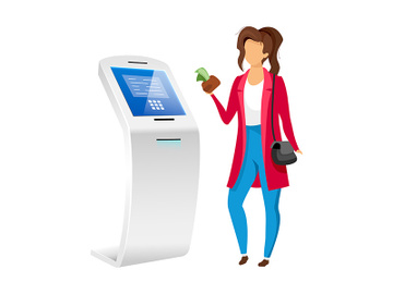 Woman using bank terminal flat color vector faceless character preview picture