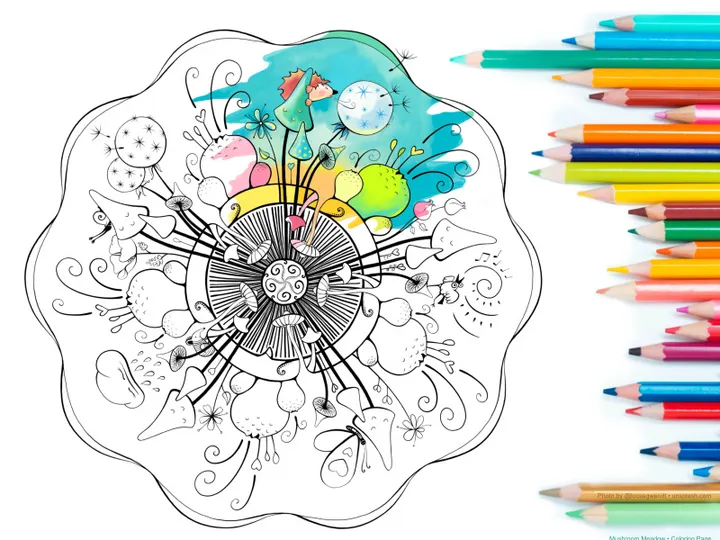 Coloring Page with Mushrooms and Creatures – Mushroom Meadow