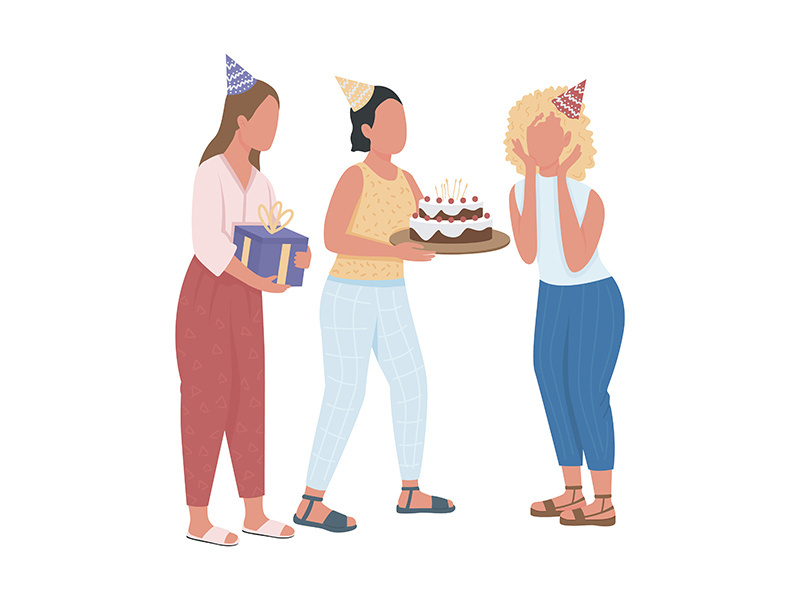 Girls presenting birthday surprise for friend semi flat color vector characters