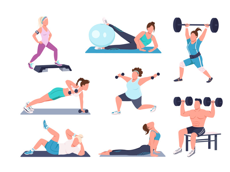 Working out people flat color vector faceless characters set