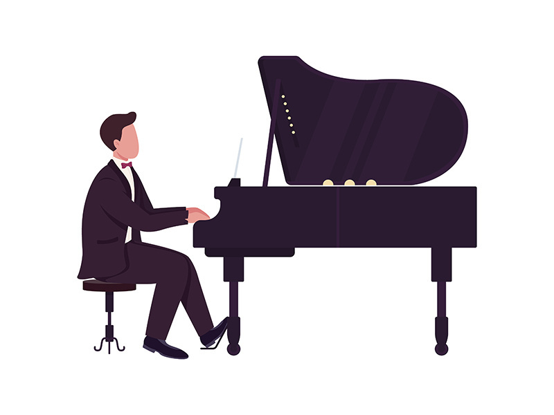 Young man playing grand piano semi flat color vector character