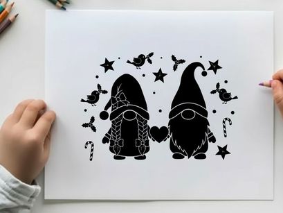 Black silhouette of two gnomes with birds stars and heart