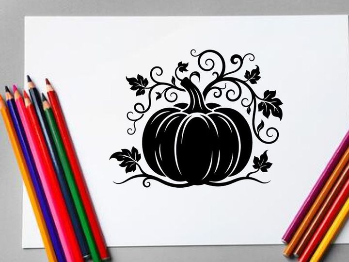 Stylized Halloween Pumpkin with Vines and Leaves Illustration