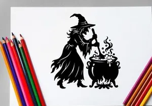 Witch Stirring Potion in Cauldron for Halloween or Fantasy Scene