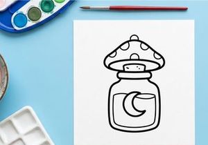 Cute cartoon jar with magic potion and mushroom lid. Whimsical fantasy bottle for Halloween spells and witchcraft decor.