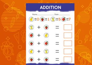 Addition with different fruits for kids. An educational worksheet for kids. Vector design