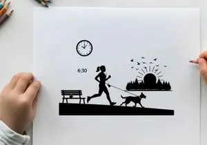 Silhouette of woman jogging with dog at sunrise