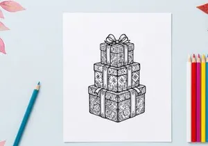 Hand drawn stack of Christmas gift boxes with ribbons and decorative floral patterns.