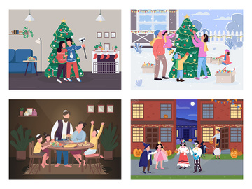 Traditional holiday celebration flat color vector illustration set preview picture