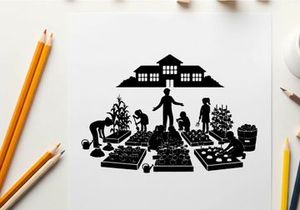 Silhouette of people gardening in front of a large house silhouette