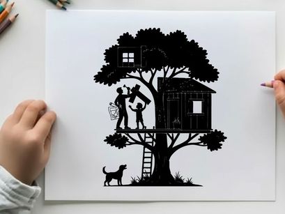 Silhouette of family in treehouse with dog and construction