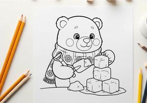 Cute teddy bear with marshmallows winter vector illustration