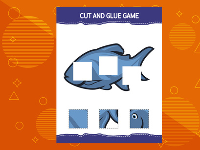 10 Pages Cut and glue game for kids with fish. Cutting practice for preschoolers. Education worksheet.