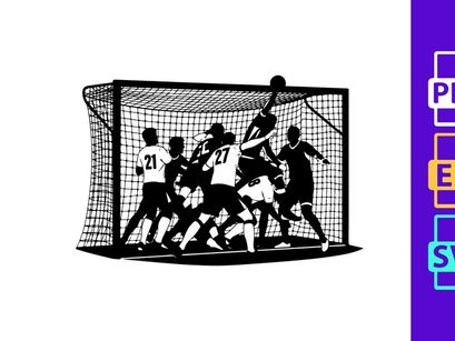 Black and white illustration of a handball goal being defended by a goalkeeper